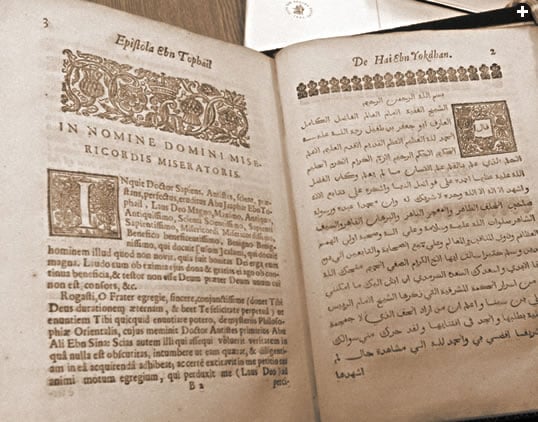 The first Latin translation of Hayy Ibn Yaqzan in England was published in 1671 in this volume of facing Latin-Arabic pages by Edward Pococke, Jr., using an Arabic volume acquired in the 1630’s in Aleppo by his father, Edward Pococke, Sr. It would appear in English in 1703, just 16 years before Defoe’s Crusoe.