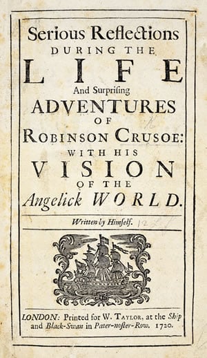 デフォーは、1719年出版の本の著者をクルーソー自身としている。 後に、デフォーはさらに2巻を執筆し全3巻とした（下、左）。 