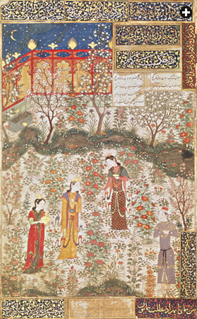 This miniature, dated to around 1430, by a painter of the Herat school, illustrates a royal garden abundant in hollyhocks, which were particularly common in Central Asia and reached northern Europe about the 13th century.