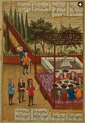 この細密画には2人のトルコ人とともに庭で食事をするヨーロッパ人が描かれている。 このような場で花や種、球根、購入場所の助言などが交換された可能性がある。