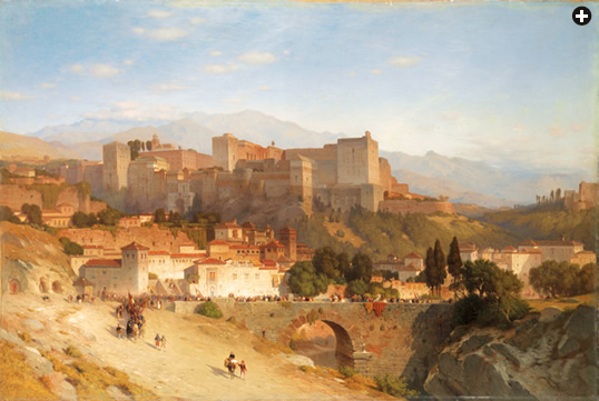 In the early 1860’s, Hudson River School painter Samuel Colman was among the first American artists to visit Spain. “The Hill of the Alhambra,” 1865, reflects the popular ideal that pictorial beauty and grandeur stimulate the senses to higher awareness. 