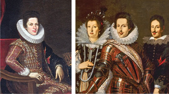 Left: Cosimo ii de’ Medici was 18 years old when he succeeded his father as grand duke; his tutor was Galileo (who later, like Fakhr al-Din, received sanctuary at the House of de’ Medici). Right: Cosimo ii appears at center between his wife, Marie Madeleine of Austria and his son Ferdinando ii.  
