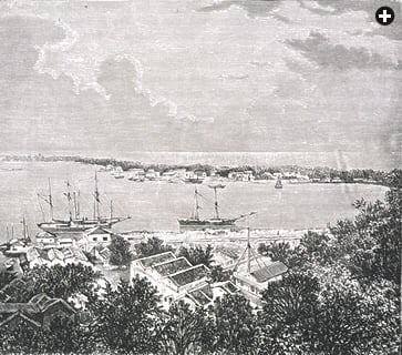 This engraving of Singapore Harbor was made around 1870, when Singapore’s Arabs owned more than half the island’s territory. They began arriving in the early 19th century, and they have not forgotten their families’ roots in southern Yemen. 