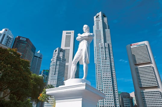 This statue of Sir Thomas Stamford Raffles, framed by the skyscrapers of Raffles Place across the Singapore River, is believed to stand at the spot where he landed in 1819, going on to establish the British settlement on the island. “He looked to the Arabs to bring this strategic location to life,” says Syed Farid Alatas.