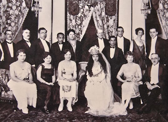 The bride’s accessories highlight her Arab heritage in this Singapore wedding photo from the 1930’s. A member of the Alsagoff family, she hailed from Makkah, where it is likely that her father was a trader.