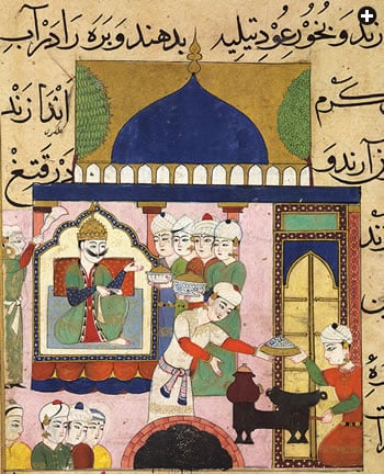 An illustrated chronicle of recipes called the Book of Delights from the late 1400s from Mandu, India, shows Sultan Ghiyath al-Din receiving dishes prepared by his royal kitchen. Later, the Mughals created their cuisine from a confluence of Persian, Turkic and Indian elements. 