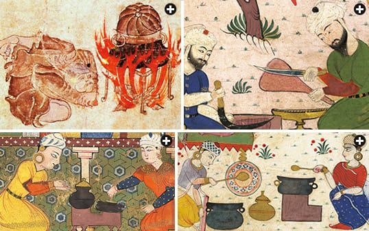 Clockwise from top-left, from top: A detail from a 15th-century page of sketches of a nomadic Mongol encampment shows a man cooking; Mongol rulers adopted much in Muslim cuisine, creating a kind of pragmatic—and tasty—“culinary diplomacy” in the lands they overtook. Three details from Sultan Ghiyath al-Din's Book of Delights illustrate other kitchen scenes: male cooks mincing meat, and female cooks using a variety of cookware and serving food onto a platter.