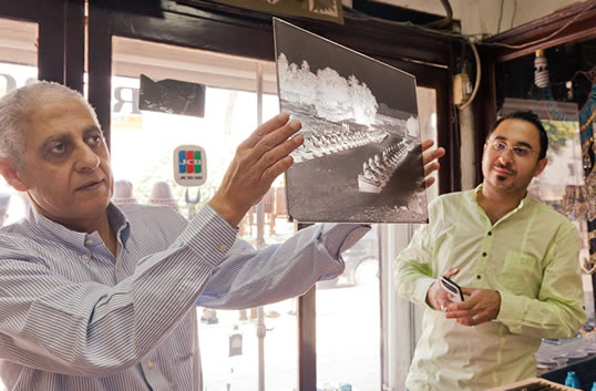 Today, the family continues to run the storefront business, and Ehab Gaddis, at left, has digitized and conserved his grandfather’s images, many of which Ehab’s father, Abdullah, kept intact over two decades by storing them in a refrigerator. “These photos are part of Egypt’s history,” Ehab says. 