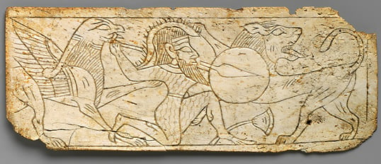Around the seventh century bce, Phoenician craft workers near Cádiz and Seville incised and carved numerous ivory and bone objects in Near Eastern styles, including this 13-centimeter (5") plaque that shows a griffin, a hunter and a lion.