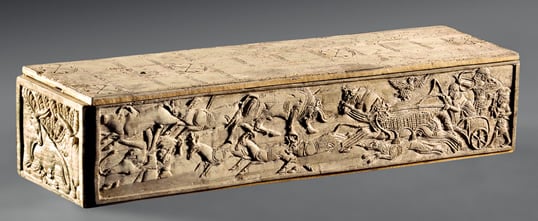 Showing that cross-pollination was nothing particularly new even in the late Bronze Age, this ivory game box depicting a chariot hunt dates from 1250-1100 bce. Found on Cyprus at Enkomi, it displays Aegean, Canaanite, Egyptian and Mesopotamian motifs and styles. 