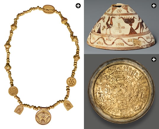 From Assyria, Anatolia and Egypt to North Africa, Greece, Italy and Spain came craft items whose eastern motifs lead historians to refer to them as “Orientalizing” motifs, including this gold necklace, above-left, from Carthage (now in Tunisia) with its Phoenician motifs from mid-seventh to sixth century bce, as well as a conical fragment of a Greek vessel for perfumes found in Italy, which is dated to about 700 bce, top-right. Above-Right: From this same era, and also found in Italy, has come this gilded silver bowl, embossed and engraved with concentric friezes of “Egyptianizing motifs” that combine a variety of Near Eastern themes.