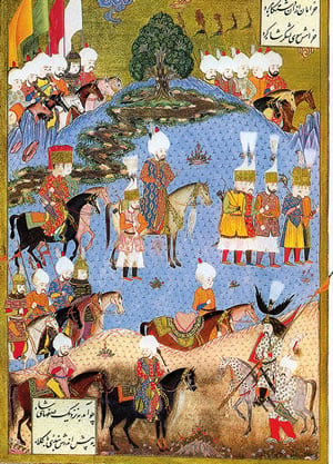 Sultan Suleiman personally led his armies to Transylvania, the Caspian and much of the Middle East. This portrait of him with his troops was made in 1561.