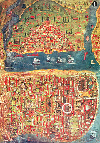 This map of 16th-century Constantinople shows the western side of the Ottoman capital, with the Golden Horn running through the center and up the left-hand side. A small portion of the city’s Asian side is shown at right. Busbecq lived in Elçï Han, near the Atik Ali mosque, as circled, above.