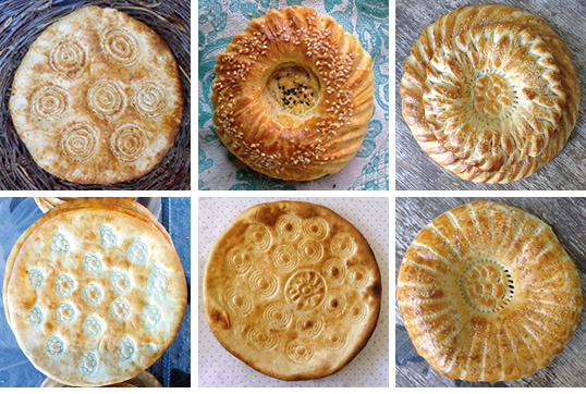 Clockwise from top-left: Bukhara-style; Tashkent-style with nigella and sesame seeds;  festive Tashkent-style; Urgench-style from Khorezm Province (2); Tashkent-style. 