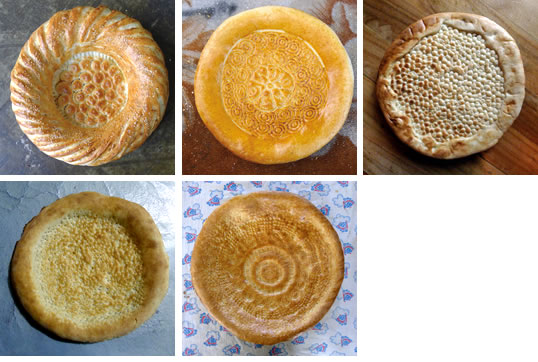Two Samarkand patyrs, flaky with shreds of onion; Bukhara-style, Kritiy bazaar; colorful Samarkand engagement bread with nigella and sesame seeds; Samarkand patyr; Tashkent-style, Ulugbek bazaar.