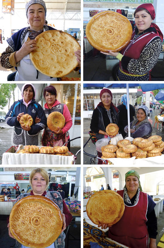Bread saleswoman Salomat displays non stamped with the storybook names Tahir and Zuhra at her stall in Urgench. Bukhara-style non in the Kritiy bazaar of Bukhara. Two photos of vendors each show Tashkent-style non in the Chigatay Darvoza bazaar. Two photos show Bukhara-style non in the Kritiy bazaar.