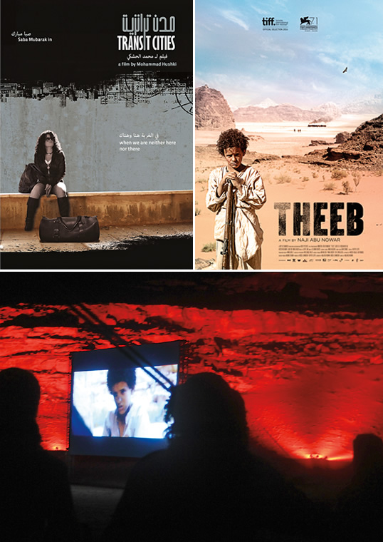 Mohammed Al Hushki’s Transit Cities (2009), top-left, took two prizes at the Dubai International Film Festival. Naji Abu Nowar’s Theeb (Wolf), released last year, was notable for its collaboration with local Bedouin actors, silhouetted, above, during a screening at Wadi Rum. 