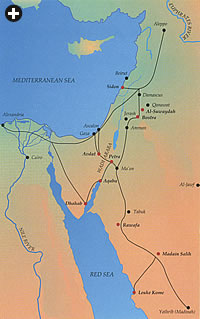 Nabataean trade routes stretched south as far as Yathrib (today’s Madinah, in Saudi Arabia) and north as far as Aleppo in Syria. The names of sites where signs of Nabataean settlements have been found are named in bold type. 