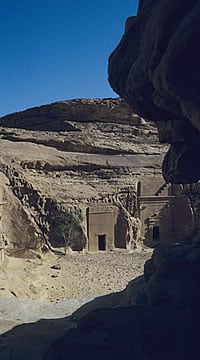 These doorways lead into Nabataean tombs at Madain Salih, a Nabataean settlement site in present-day Saudi Arabia.