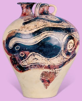 A Minoan earthenware jar, dated between 1450 and 1400 BC, depicts an octopus and semiabstract murex trunculus shells.