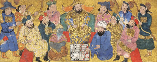 The shah, seated center, watches as his advisor (to the right of the chessboard) shows his mastery of the game to a disappointed envoy from the court of India.
