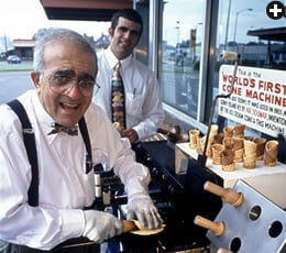 "Come on over! Our ice-cream cones will melt in your mouth!" says 88-year-old Albert Doumar. He should know. He's been making zalabia cones for decades on the same machine his Uncle Abe built in 1905.