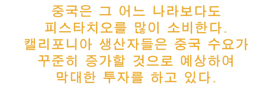 중국은 그 어느 나라보다도 피스타치오를 많이 소비한다. 캘리포니아 생산자들은 중국 수요가 꾸준히 증가할 것으로 예상하여 막대한 투자를 하고 있다.