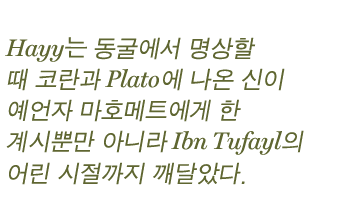Hayy는 동굴에서 명상할 때 코란과 Plato에 나온 신이 예언자 마호메트에게 한 계시뿐만 아니라 Ibn Tufayl의 어린 시절까지 깨달았다.