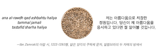ana al-rawdh qad ashbahtu haliya

tammal jamali 

tastafid sharha haliya 




전 아름다움으로 치장한 

정원입니다. 당신이 제 아름다움을 

응시하고 있다면 절 알아볼 것입니다.


—Ibn Zamrak(1333-1393년)의 아랍 시, 얕은 양각의 쿠픽체 문자, 알람브라의 두 자매의 방에서
