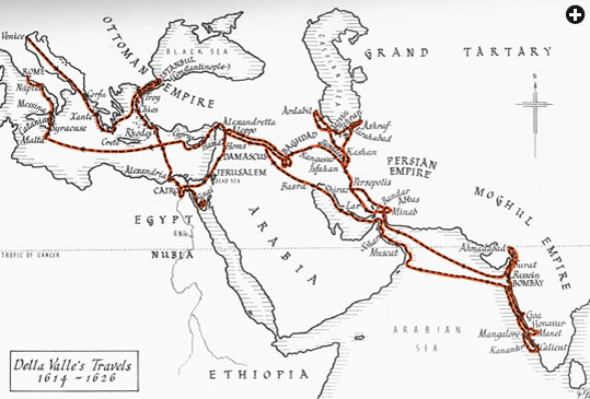 Della Valle viajou milhares de quilômetros, como é mostrado neste mapa de 1953 extraído do livro de William Blunt intitulado Pietro's Pilgrimage: A Journey to India and Back at the Beginning of the Seventeenth Century. Sua primeira parada foi em Constantinopla (Istambul), onde passou um ano estudando turco, árabe, persa e hebraico.