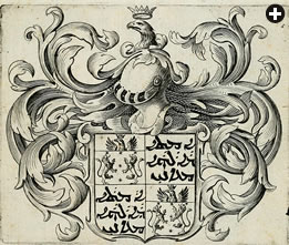 O brasão de armas criado para Ma‘ani della Valle, que morreu em Minab, perto de Hormuz, em 1621, aos 23 anos, abre o volume memorial produzido para seu funeral em Roma, em 1626. A inscrição, em siríaco, diz: “A serva / de Deus / Ma‘ani”.