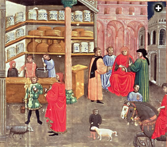 Esta ilustração do século XIV de uma das muitas edições dos cinco volumes do Cânone de Medicina de Ibn Sina retrata uma consulta e uma farmácia.