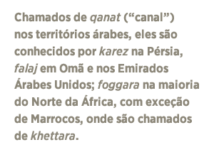 Chamados de qanat (canal) nas terras árabes, esses sistemas são conhecidos como karez na Pérsia, falaj em Omã e Emirados Árabes, foggara na maior parte da África do Norte, com exceção de Marrocos, onde são chamados de khettara.