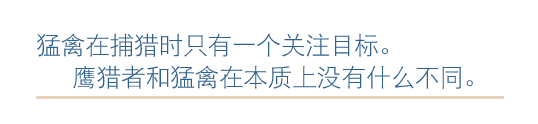 猛禽在狩猎时只有一个
关注目标。鹰猎者和猛禽在本质上没有什么不同。