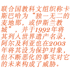 联合国教科文组织称卡斯巴哈为“独一无二的麦地那，或伊斯兰教城”，并于 1992 年将其列入世界遗产名录，阿尔及利亚也在 2003 年将其设为保护对象，但不断恶化的事实对它的未来构成了威胁。