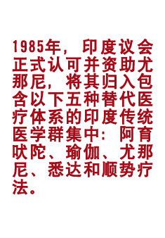 1985年，印度议会稳健招供并资助尤那尼，将其归入包含以下五种替代医疗体系的印度传统医学(AYUSH)群聚首： 阿育吠陀、瑜伽(Yoga)、尤那尼、悉达(Siddi)温情势疗法(Homeopathy)。