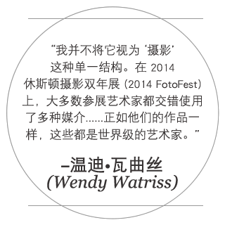 “我不认为这些作品是普通‘摄影’那样的单一结构。 在[2014 FotoFest]展览上，大多数参展艺术家都交错使用了多种媒介...... 正如他们的作品一样，这些都是世界级的艺术家。” ——温迪·瓦曲丝